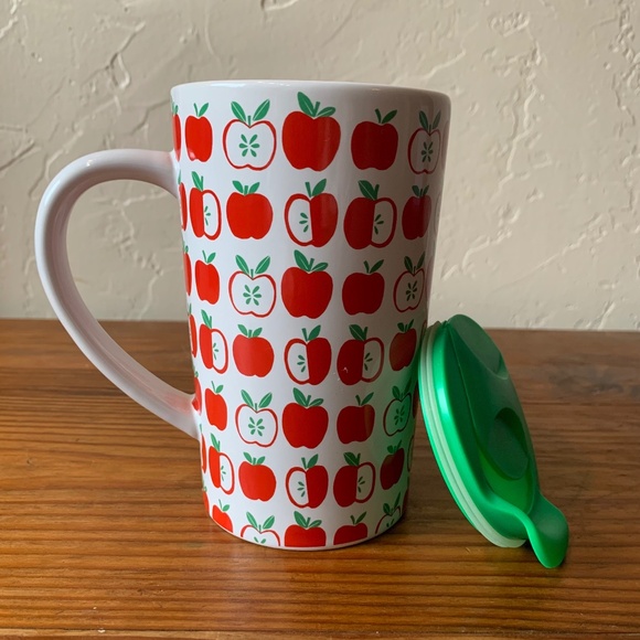 Other - Apple Print Ceramic Travel Mug with Green Lid – 5.5" Tall